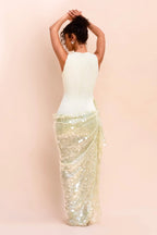 SEQUIN DRAPED MESH DRESS