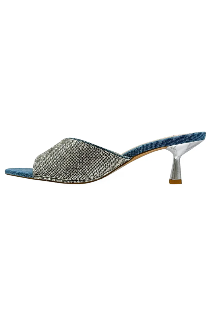 Embellished Mid High Heels - Denim