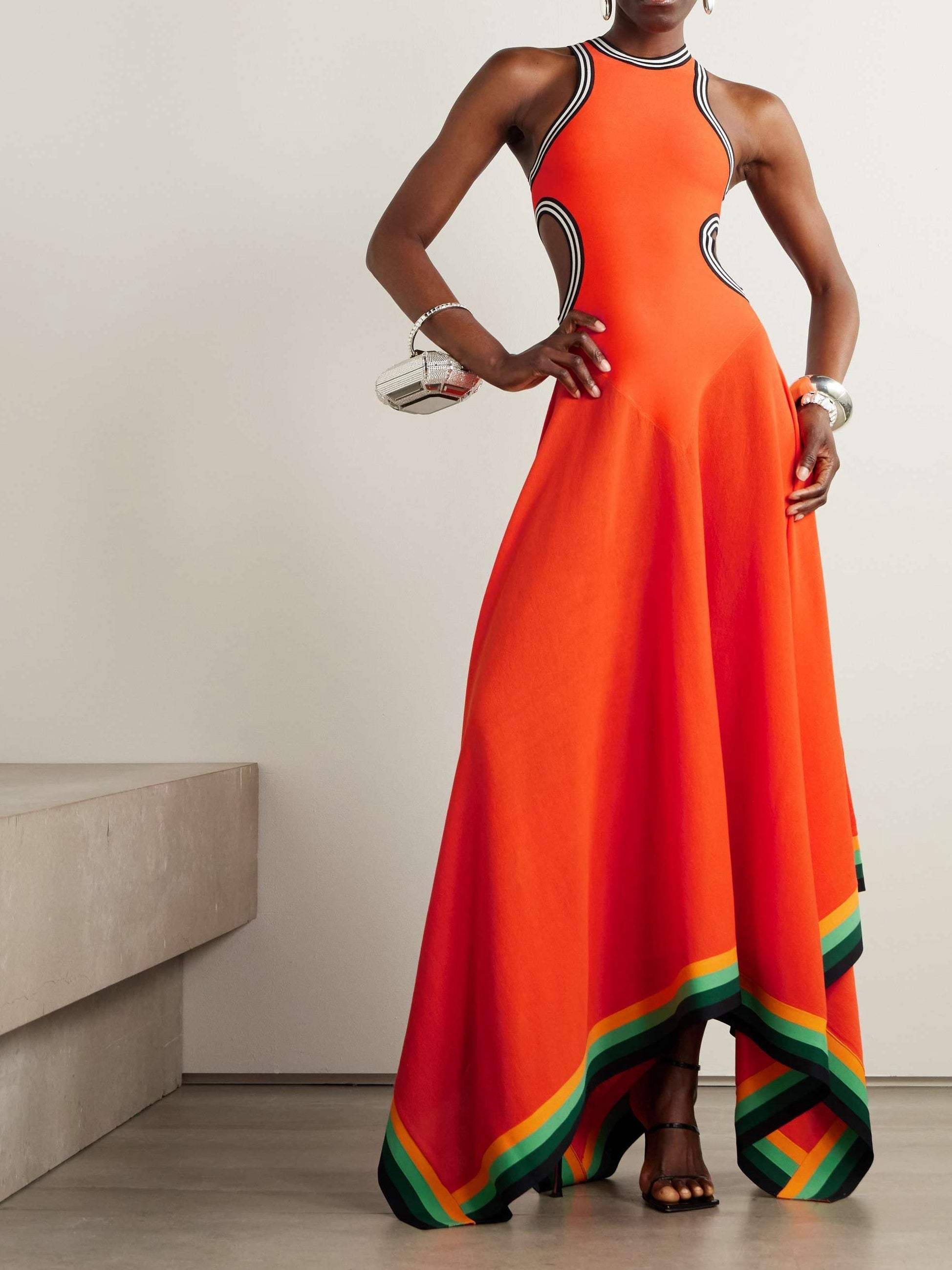 Striped Cutout Handkerchief-Hem Maxi Tank Dress