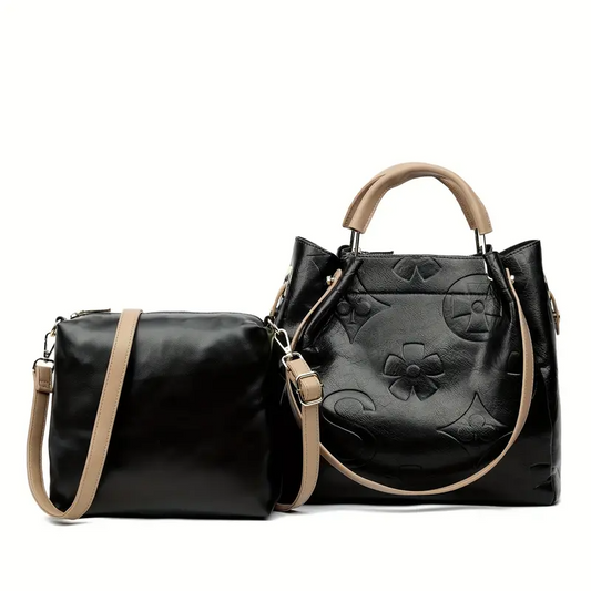 Floral Embossed Leather Satchel Handbag