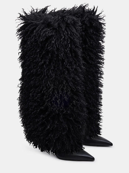 Natural Faux-Fur Stiletto Knee High Boot