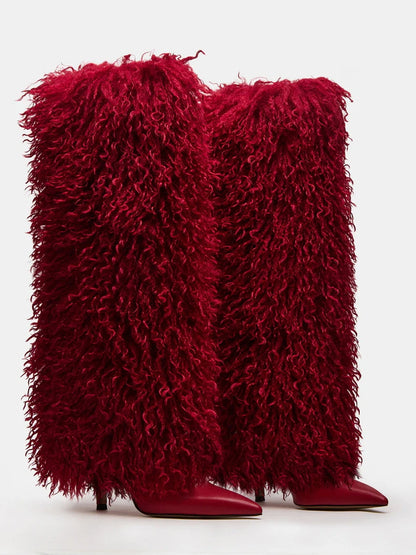 Natural Faux-Fur Stiletto Knee High Boot