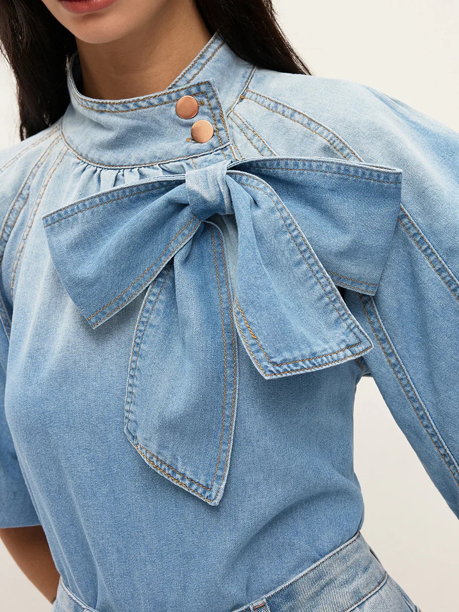 Denim Puff-Sleeve Top With Bow Detail