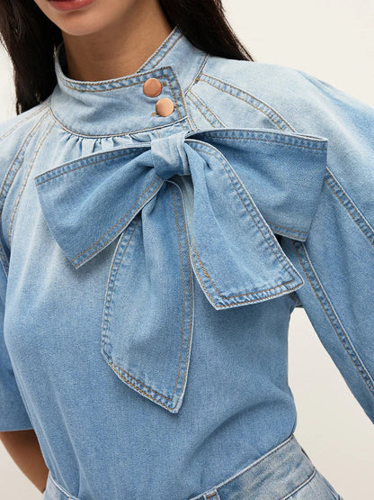 Denim Puff-Sleeve Top With Bow Detail