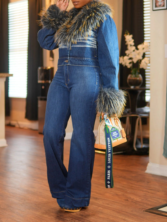 FUR TRIM JACKET & DENIM JEANS