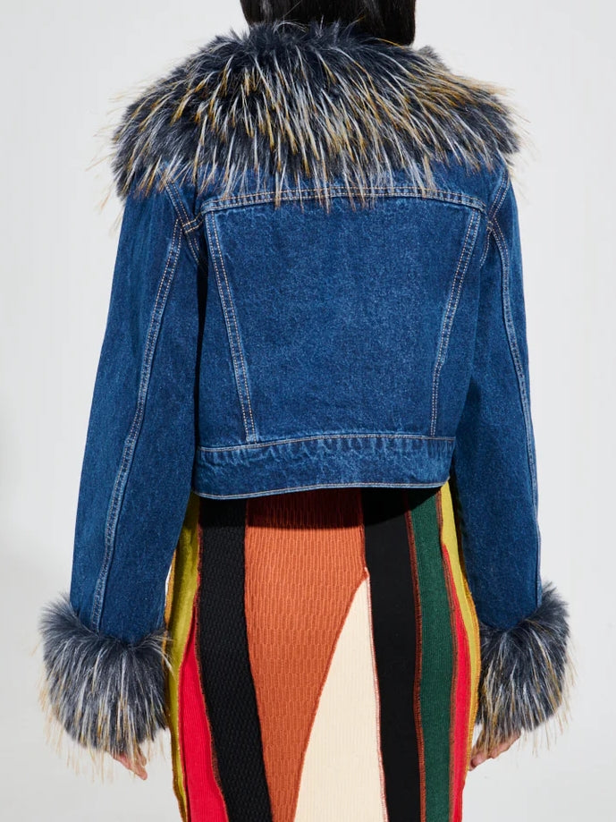 FUR TRIM JACKET & DENIM JEANS
