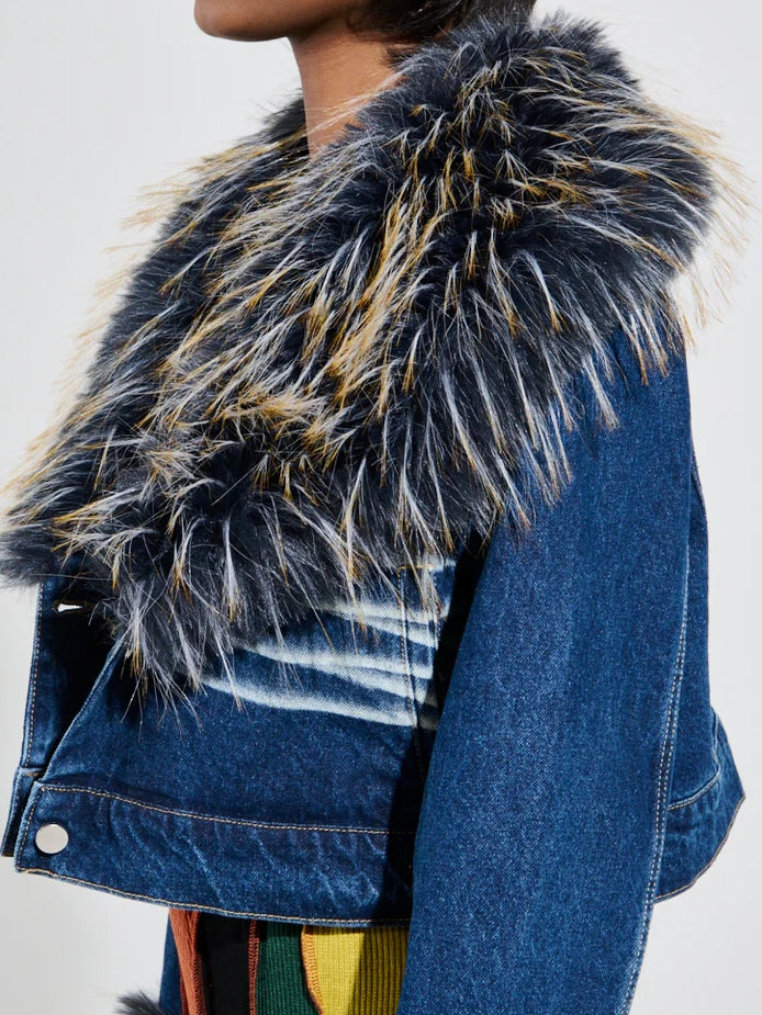 FUR TRIM JACKET & DENIM JEANS
