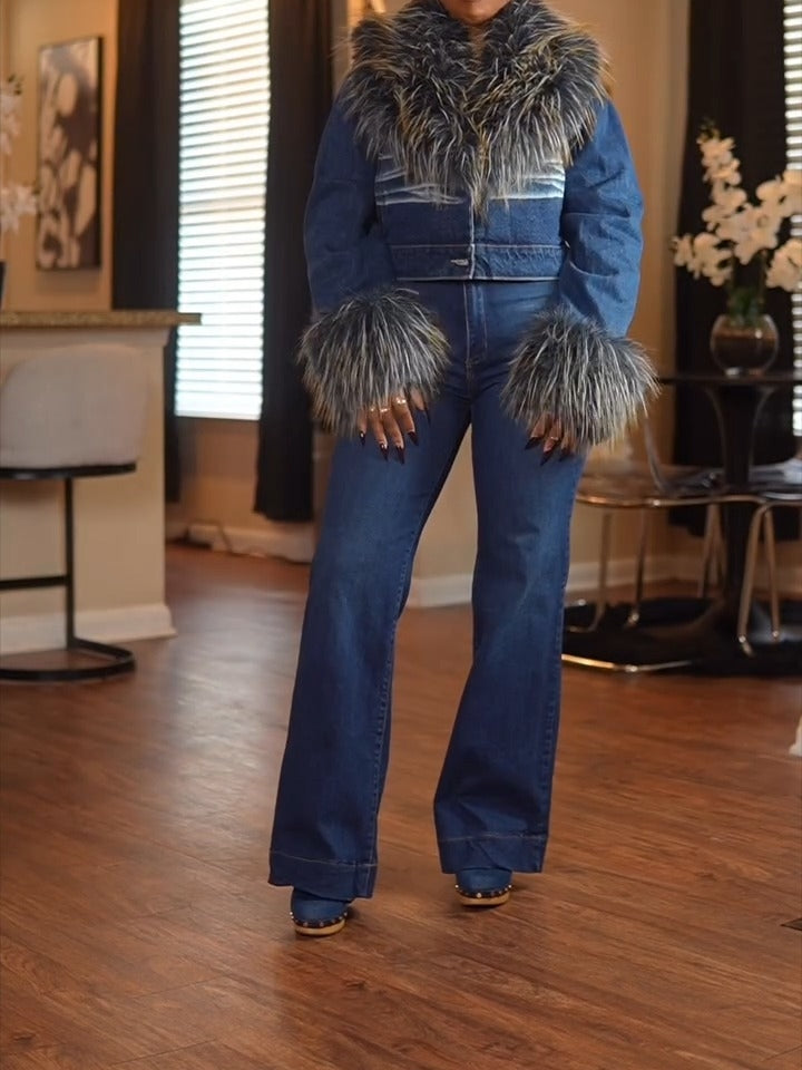 FUR TRIM JACKET & DENIM JEANS