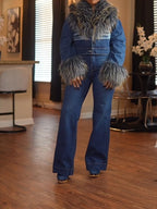 FUR TRIM JACKET & DENIM JEANS