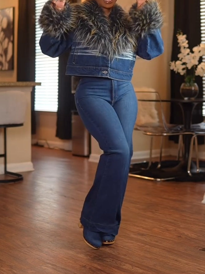 FUR TRIM JACKET & DENIM JEANS