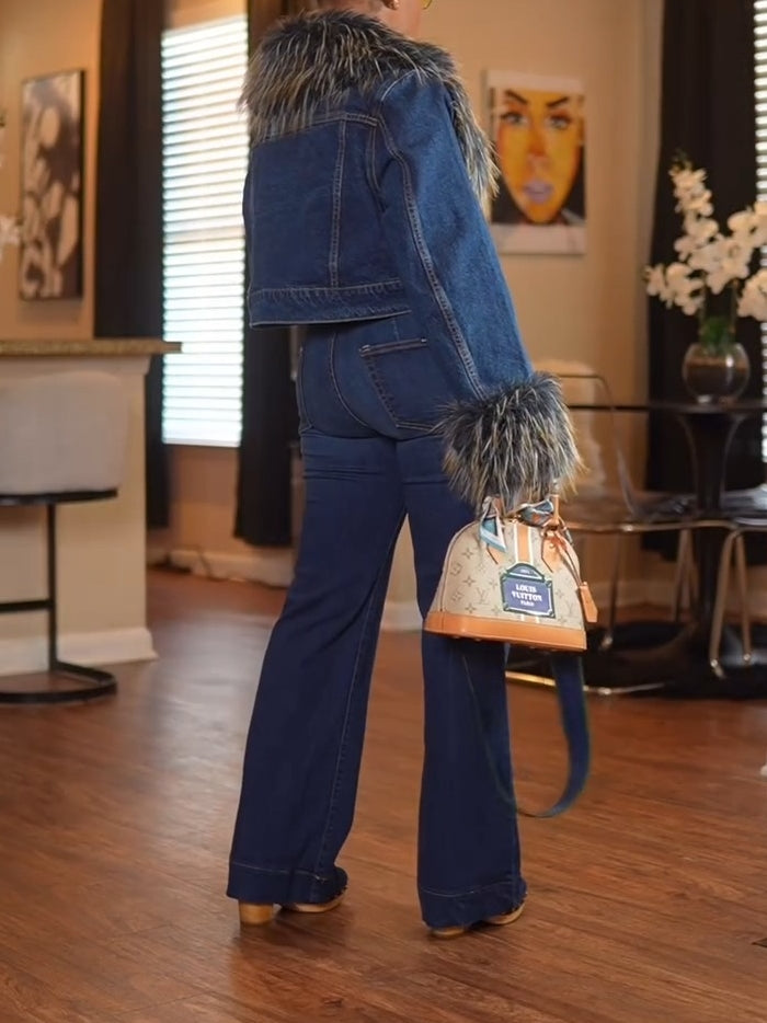 FUR TRIM JACKET & DENIM JEANS