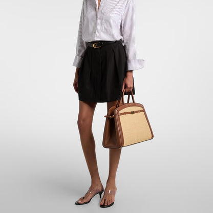 Leather-trimmed Raffia Tote Bag