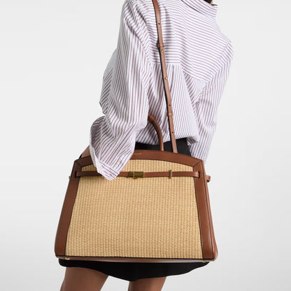Leather-trimmed Raffia Tote Bag