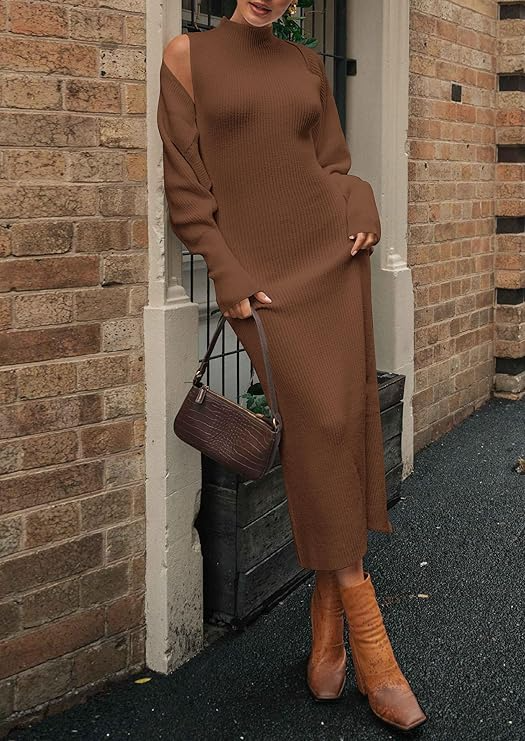 Women's Fall 2 Piece Outfits Knit Long Sleeve Cropped Cardigan Pullover Sweater Maxi Dress
