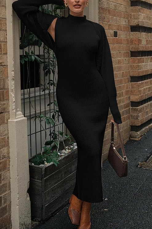 Women's Fall 2 Piece Outfits Knit Long Sleeve Cropped Cardigan Pullover Sweater Maxi Dress
