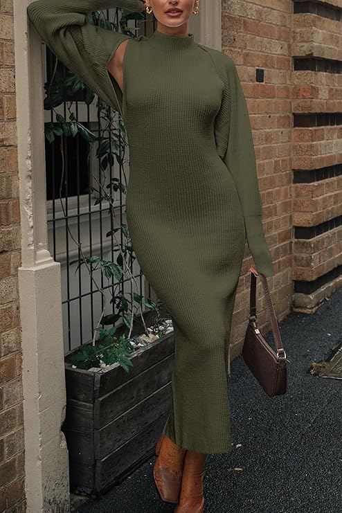 Women's Fall 2 Piece Outfits Knit Long Sleeve Cropped Cardigan Pullover Sweater Maxi Dress
