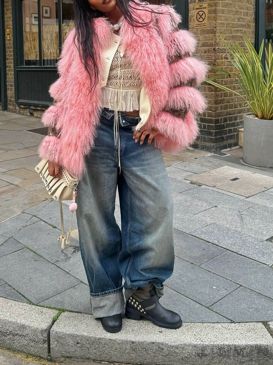 Pink Mongolian Curly Shearling Coat