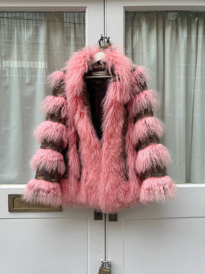 Pink Mongolian Curly Shearling Coat