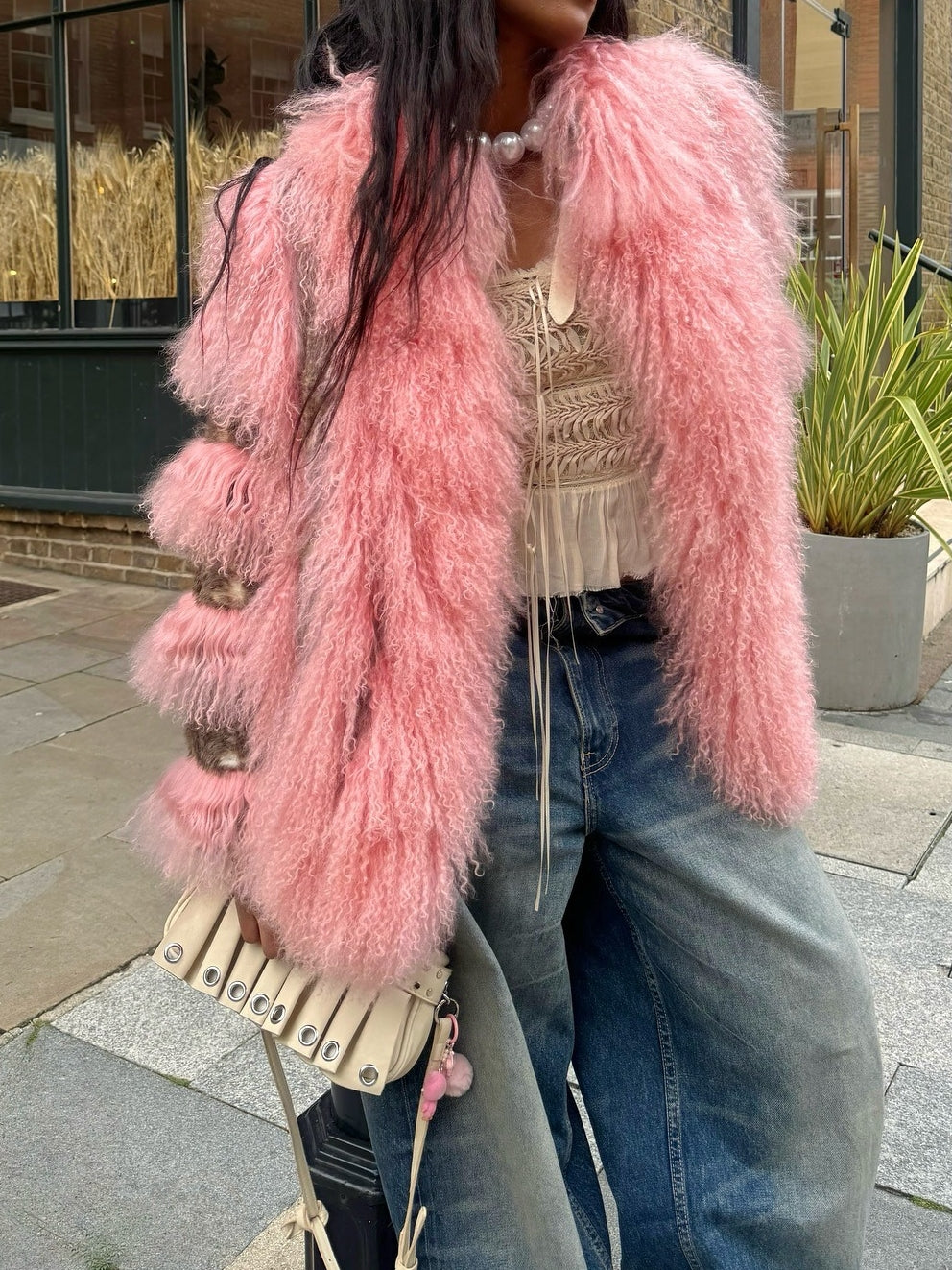 Pink Mongolian Curly Shearling Coat