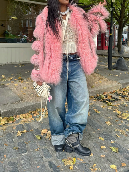 Pink Mongolian Curly Shearling Coat