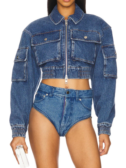 Cropped Denim Bomber Jacket