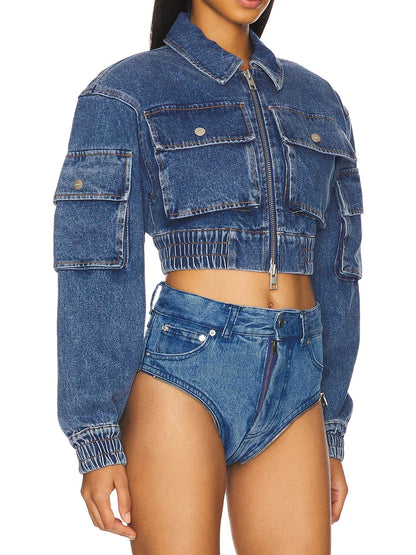 Cropped Denim Bomber Jacket