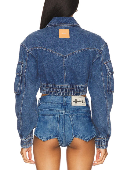 Cropped Denim Bomber Jacket