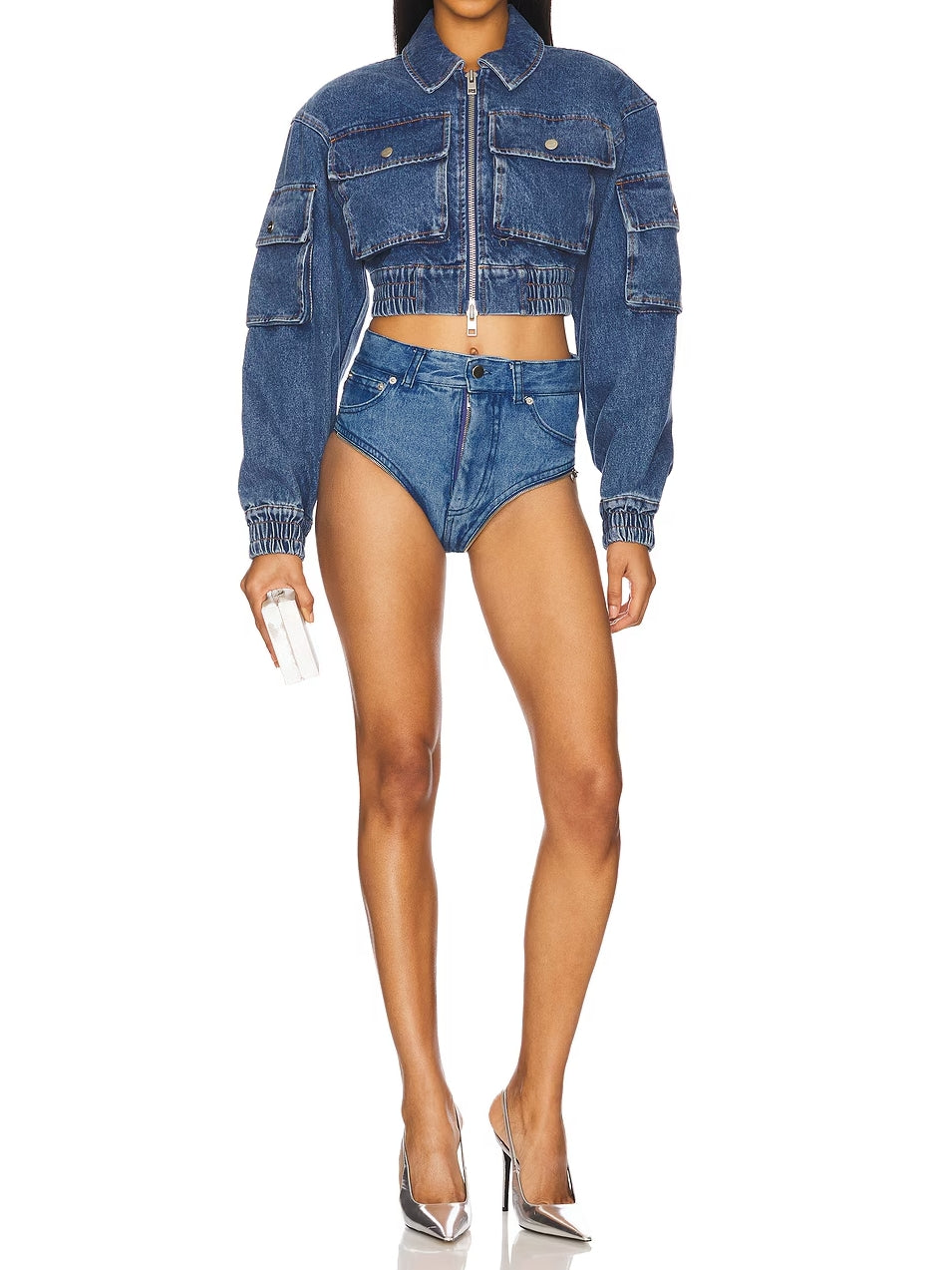 Cropped Denim Bomber Jacket