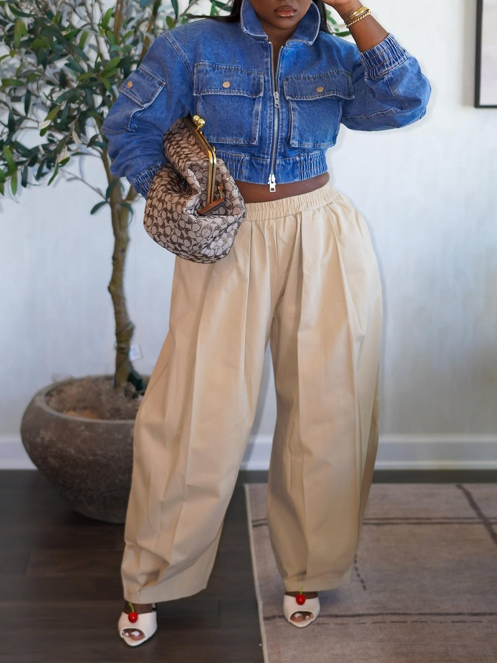 Cropped Denim Bomber Jacket