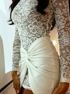 Floral Lace Patchwork Long Sleeve Ruched Fitted Mini Dresses