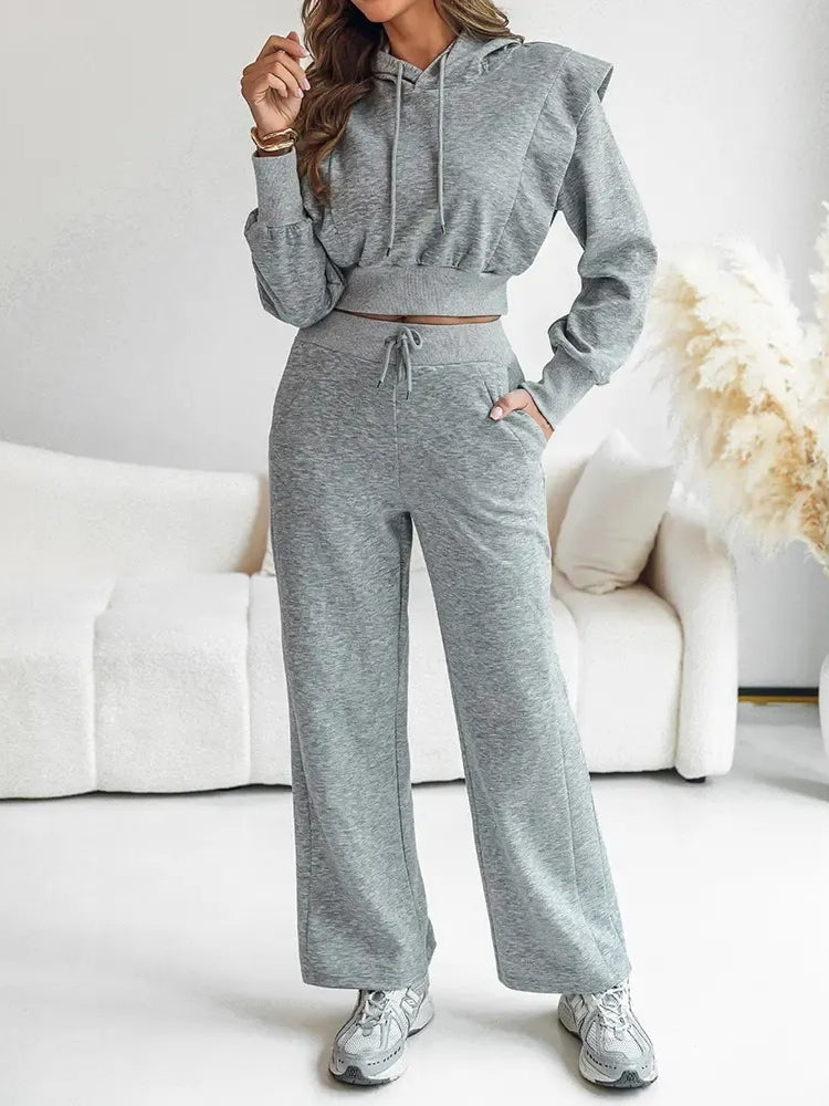 Drawstring Elastic Waist Wide Leg Sweatpants Set