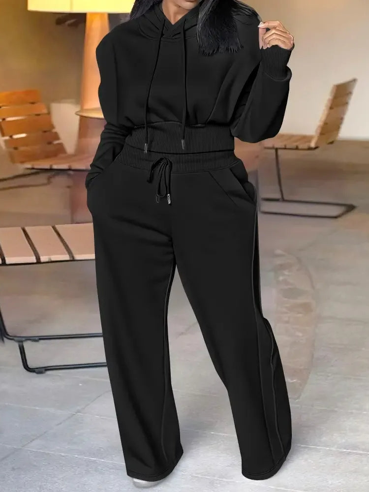 Drawstring Elastic Waist Wide Leg Sweatpants Set