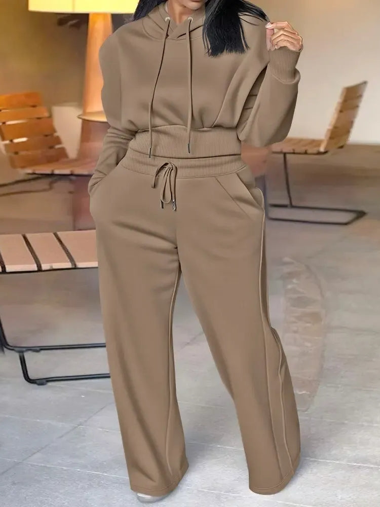 Drawstring Elastic Waist Wide Leg Sweatpants Set