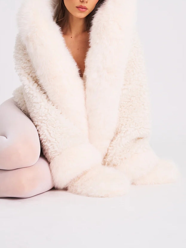 White Vegan Shearling Fur Trimmed Coat