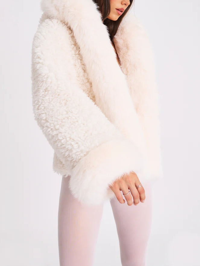 White Vegan Shearling Fur Trimmed Coat