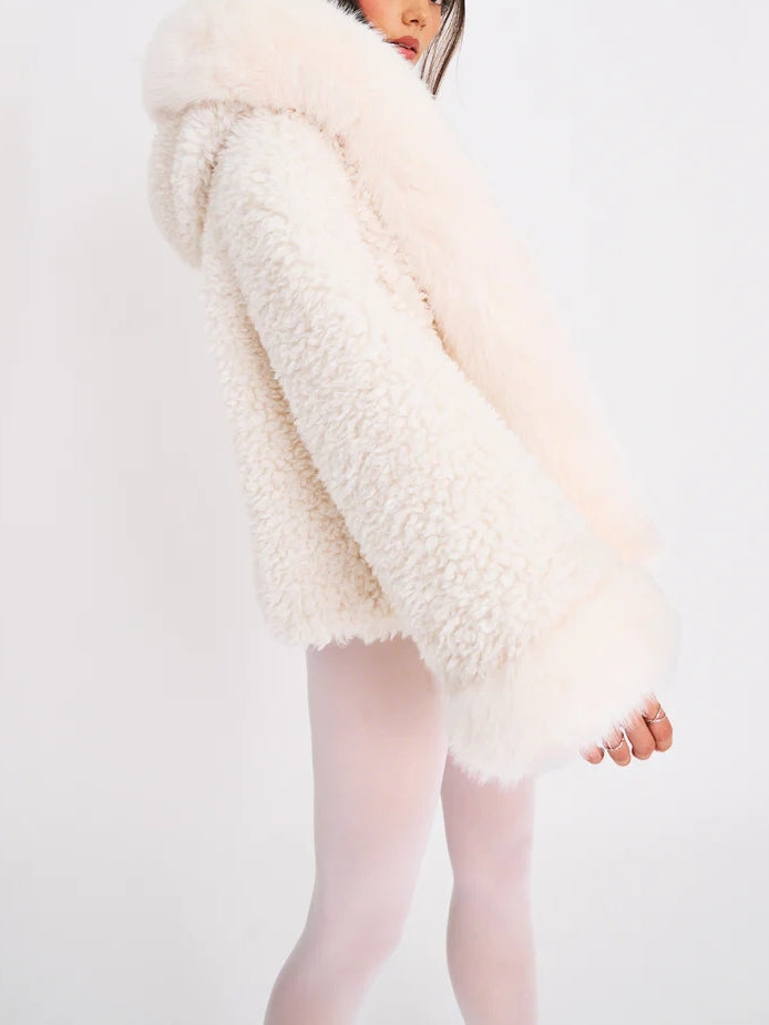 White Vegan Shearling Fur Trimmed Coat
