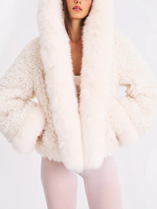 White Vegan Shearling Fur Trimmed Coat