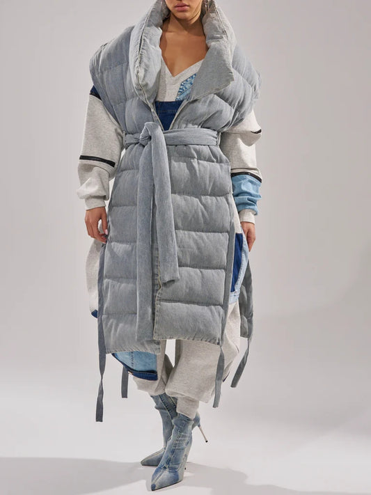 LONG LINE PUFFER VEST IN DENIM