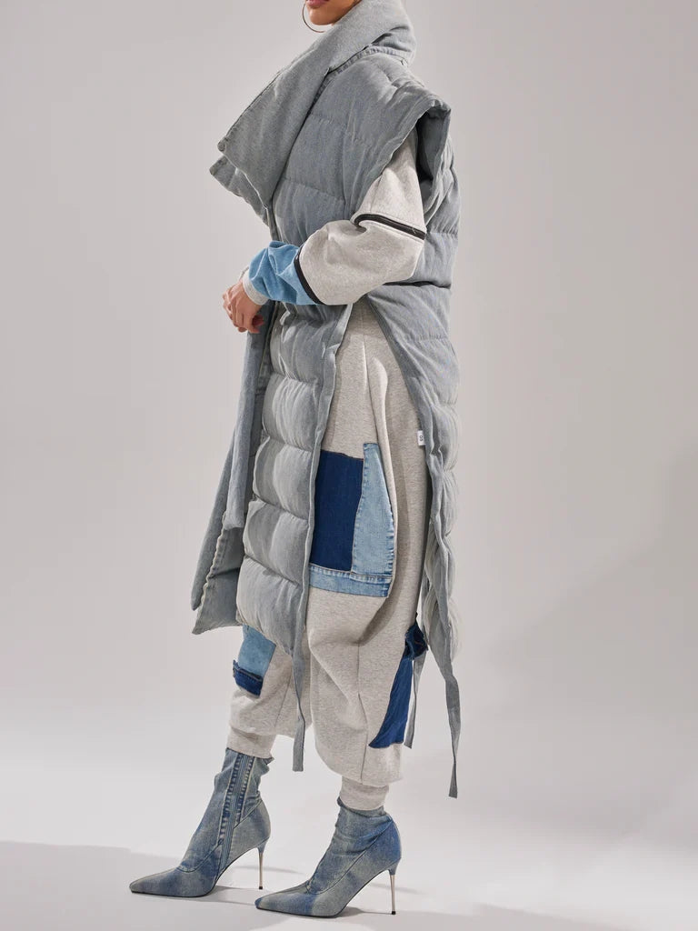LONG LINE PUFFER VEST IN DENIM