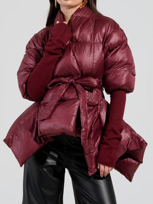 RIB SLEEVE PEPLUM PUFFER IN BURGUNDY