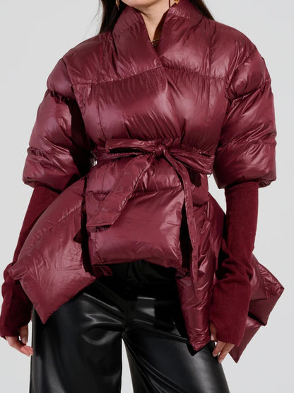 RIB SLEEVE PEPLUM PUFFER IN BURGUNDY
