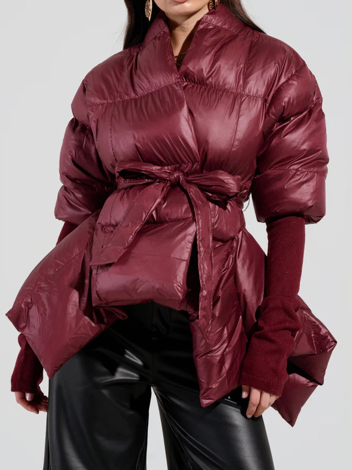 RIB SLEEVE PEPLUM PUFFER IN BURGUNDY