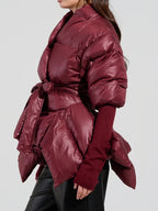 RIB SLEEVE PEPLUM PUFFER IN BURGUNDY