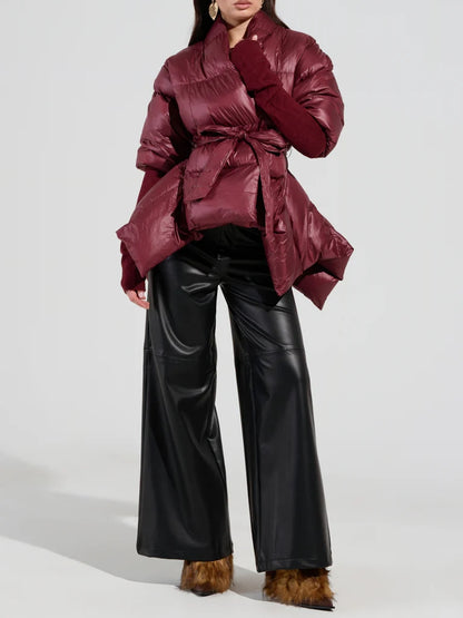 RIB SLEEVE PEPLUM PUFFER IN BURGUNDY