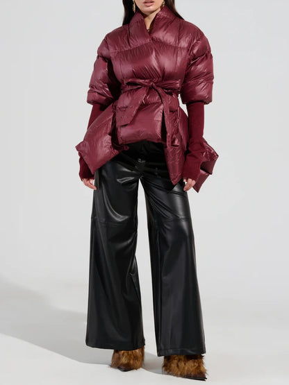 RIB SLEEVE PEPLUM PUFFER IN BURGUNDY