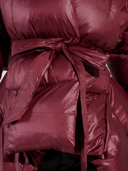 RIB SLEEVE PEPLUM PUFFER IN BURGUNDY