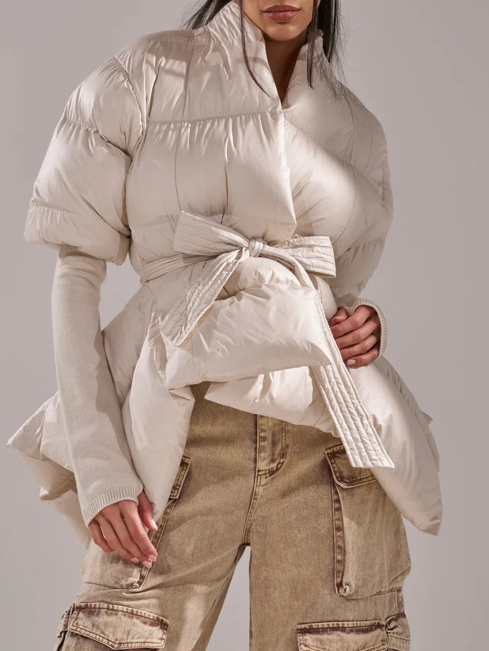 RIB SLEEVE PEPLUM PUFFER IN BURGUNDY