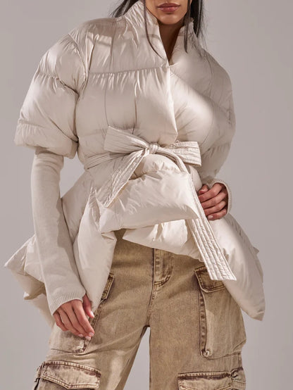 RIB SLEEVE PEPLUM PUFFER IN BURGUNDY