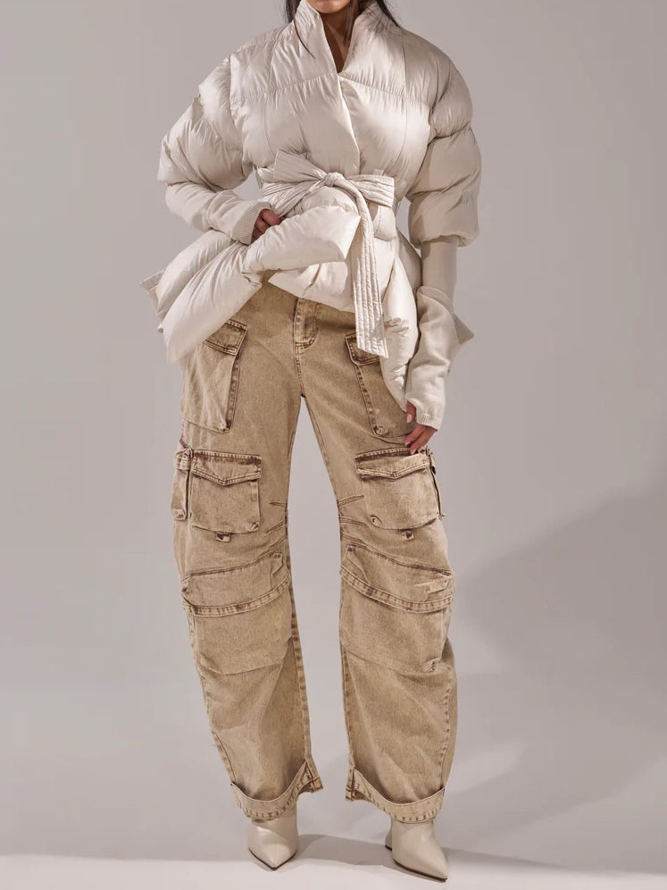 RIB SLEEVE PEPLUM PUFFER IN BURGUNDY