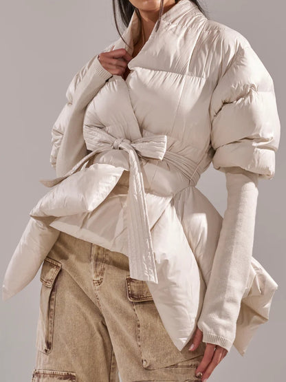 RIB SLEEVE PEPLUM PUFFER IN BURGUNDY